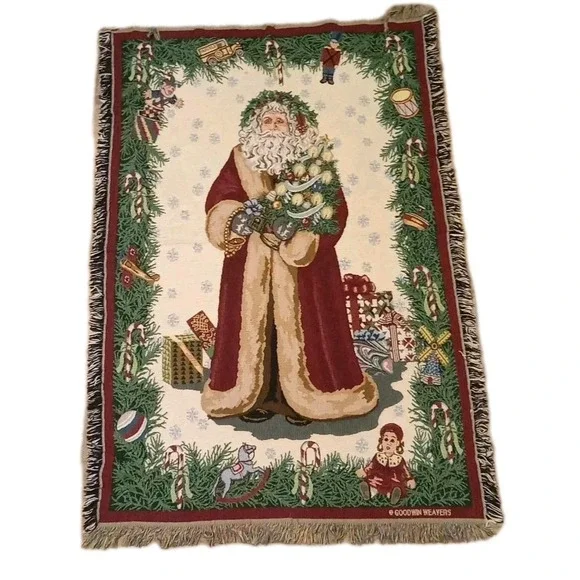 Goodwin Weaver Old World Christmas Santa Tapestry Fringe Throw Blanket 64x44 USA