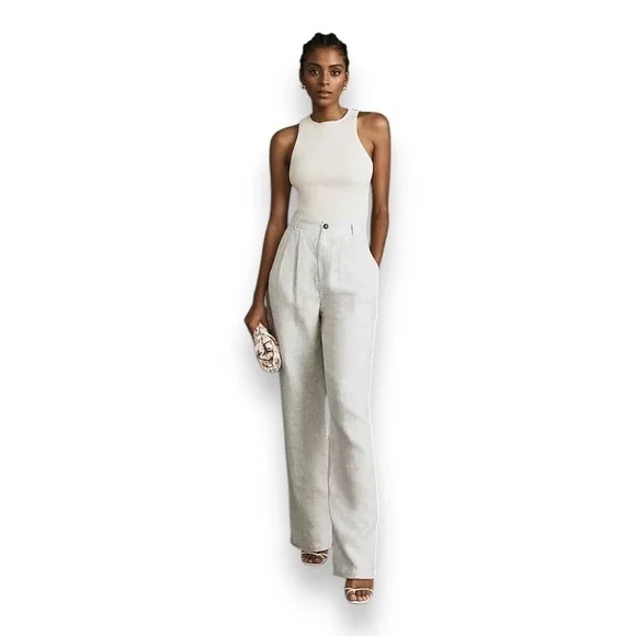 NWT Reformation Mason Linen Pants Pleated Wide Leg Linen Pants Women's‎ 16 White