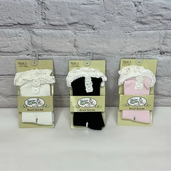 Baby Deer Boot Socks Girl's L (18-24mo) Ivory Pink Black Lace/Button Trim 3 Pair