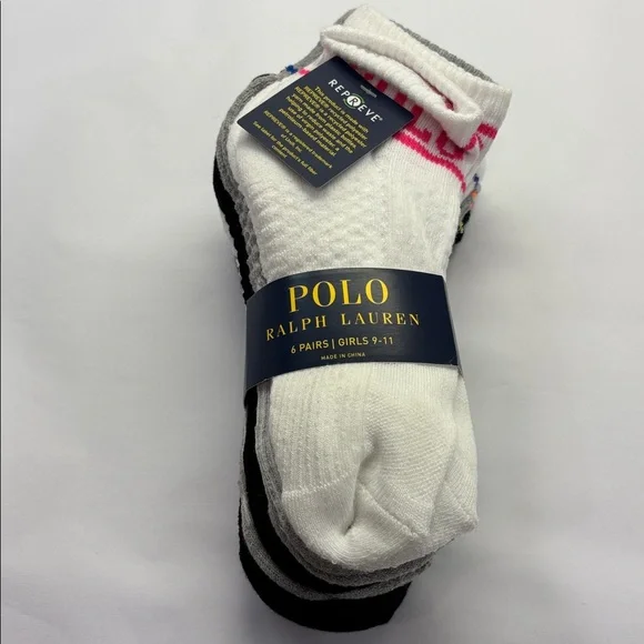Polo Ralph Lauren Girls Quarter Length Low Cut Socks Pack of 6 Size 9-11