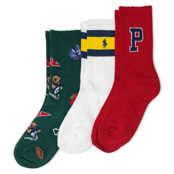 Polo Ralph Lauren Boys Football Crew 3 Pack Socks Size 4-7 Assorted