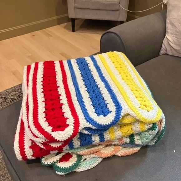 Vintage Handmade Crochet Throw Multicolor Stripe Pattern Scalloped Border