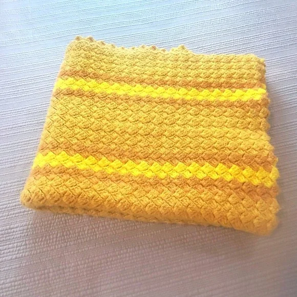 Vintage Handmade Crochet Lap Blanket Retro 70s Burnt Orange Mustard Yellow Throw