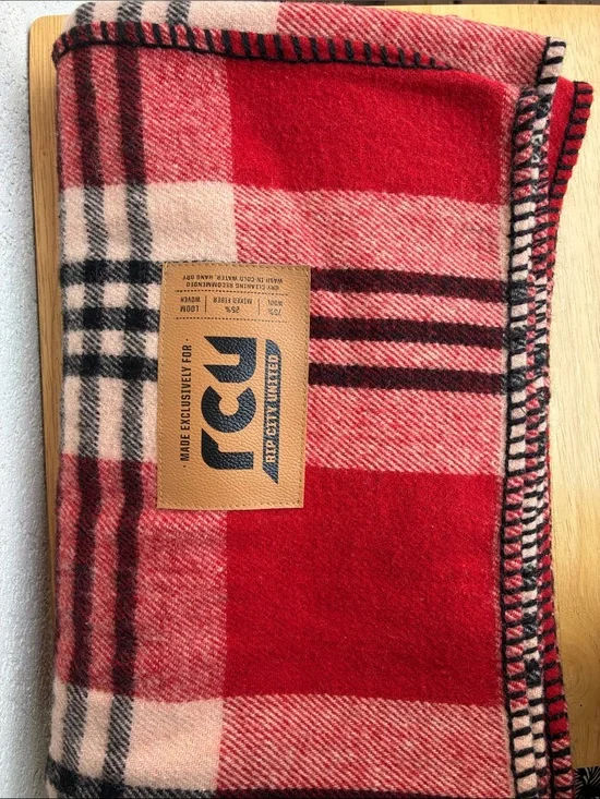 Plaid throw blanket Red  black & cream wool blend by Rip City United