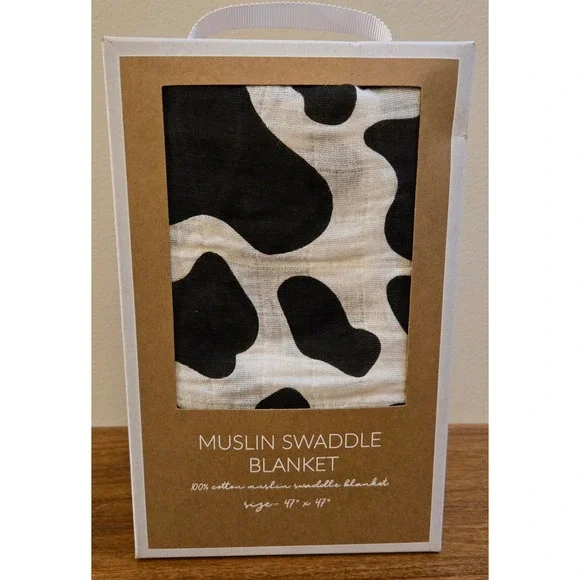 Mud Pie Cow Print Muslin Swaddle Blanket Black White 100% Cotton 47x47 NEW