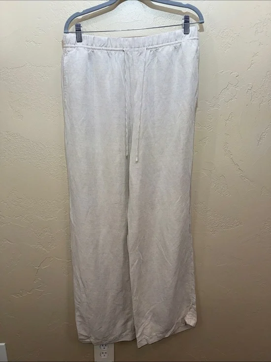 H&M‎ Light Cream Wide-Leg Linen Viscose Blend Pants Resortwear Beach Size M Tan