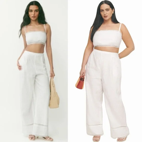 Reformation | Violet 100% Linen Crop Top & Wide Leg Pant Two‎ Piece Set White