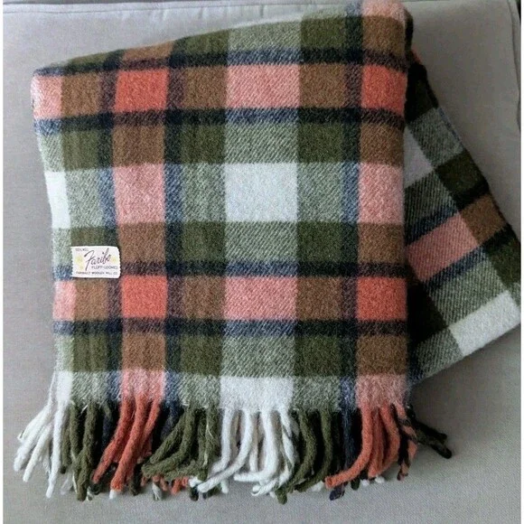 Vintage Faribo Fluff Loomed Wool Throw Blanket Orange Olive Green Plaid Fringe
