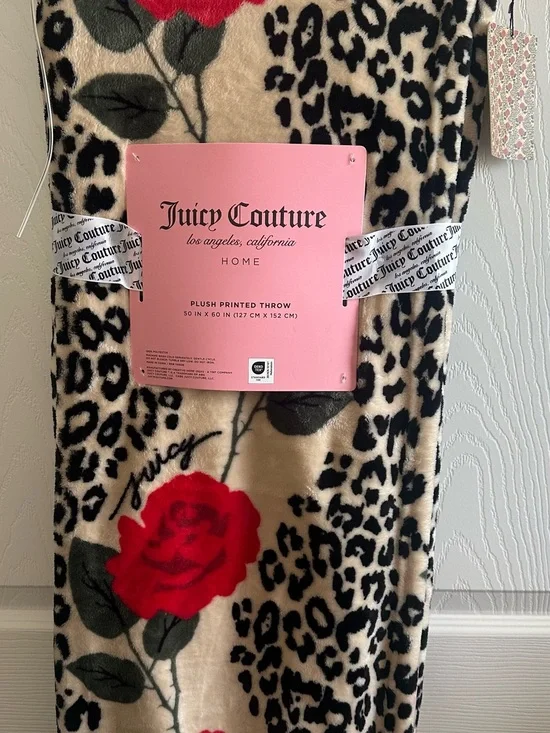 Juicy Couture Plush Printed Throw Leopard & Red Rose new