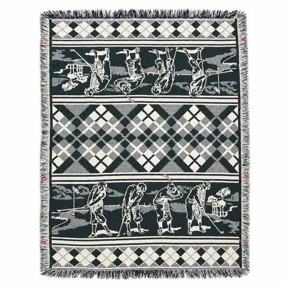 Vintage Golf Tapestry Throw Blanket Argyle Woven‎ Fringe Excellent Country Club