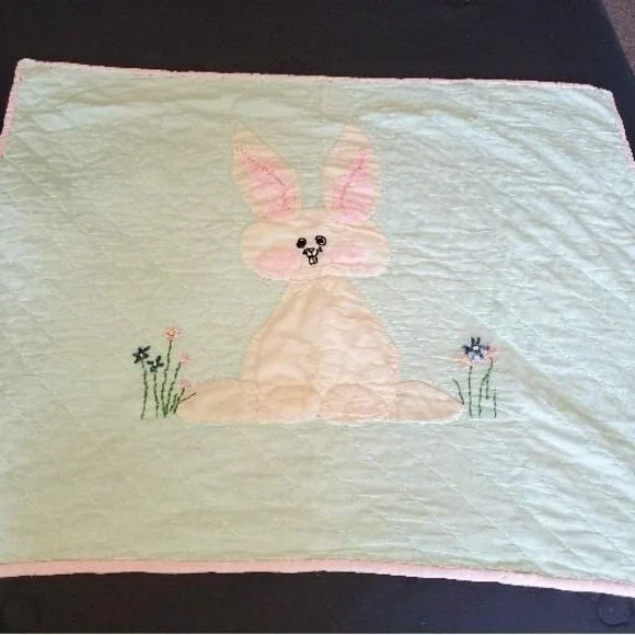 Handmade White & Mint Green Easter Bunny Baby Toddler Crib‎ Blanket 33×40