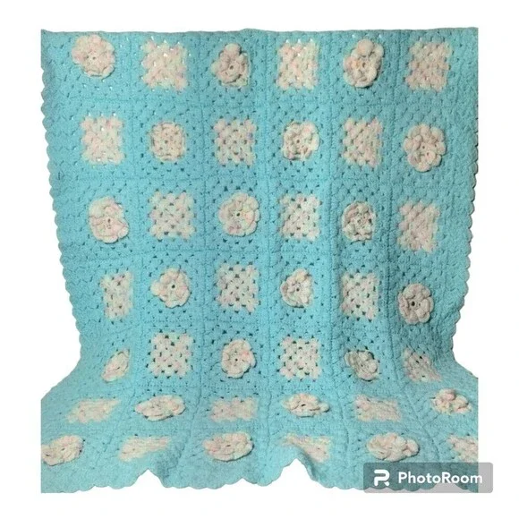 Hand Made 3D Floral Granny Square LtBlue and White With a little Sparkle Blanket