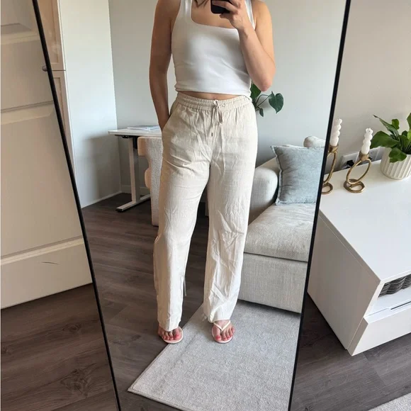 Zara Cream Wide-Leg Linen-Blend Drawstring Pants