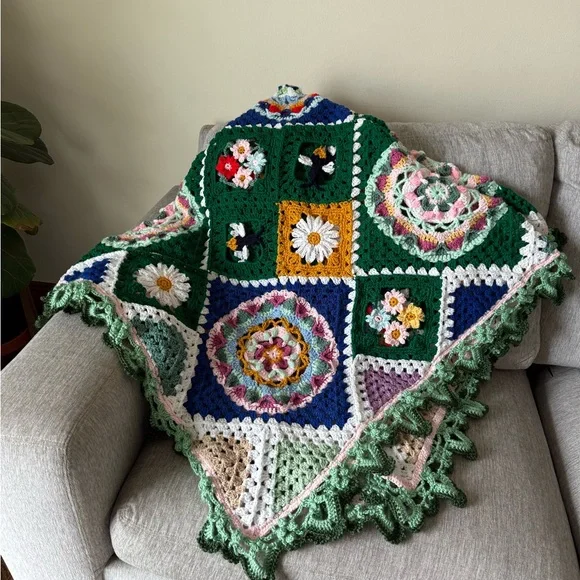 Secret garden style floral granny afghan Handmade Crochet blanket 75” x …
