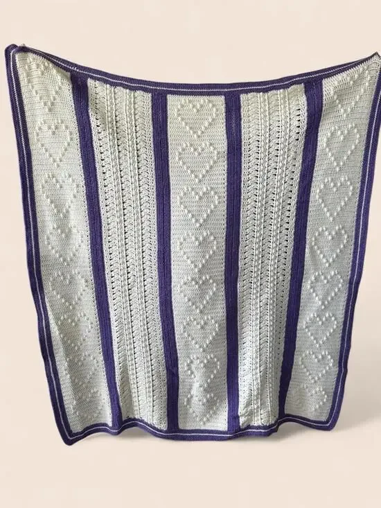 Large Vintage Handmade Crochet Heart Afghan Blanket – White & Lavender