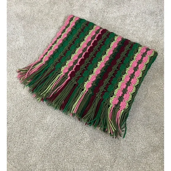 Afghan Throw Vtg Handmade Crochet Pink & Green Blanket  72x36” Soft Cottage