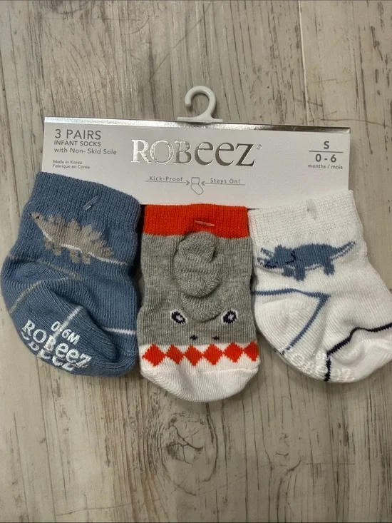 Robeez Baby Dinosaur Sock Set - Blue, Gray, White with Orange Accent