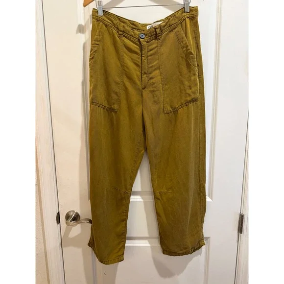 Zara Mustard Yellow Linen Blend Utility Pants Straight Leg Ochre Size M 4877/244