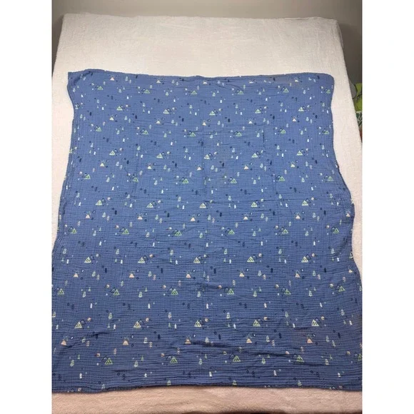 Cloud Island Blue Muslin Swaddle Blanket Camping Mountain Print 100% Cotton