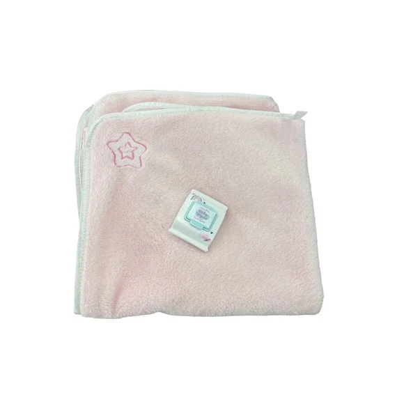 Pink Plush Baby‎ Blanket with Star Embroidery and Fresh Scent Baby Wipes Set I02