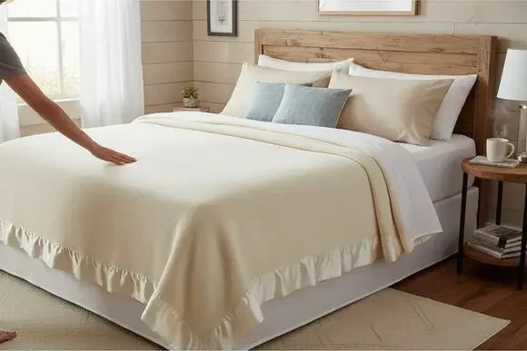 Vtg Faribo Mill King Blanket Cream Acrylic Cotton Satin Trim 92x105 USA 1970s