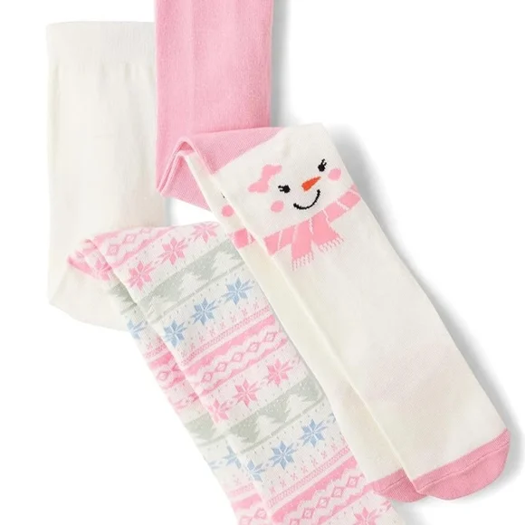 Girls Gymboree Pink & White Snowman & Fairisle Tights Set of 2 Size 10-12 NEW