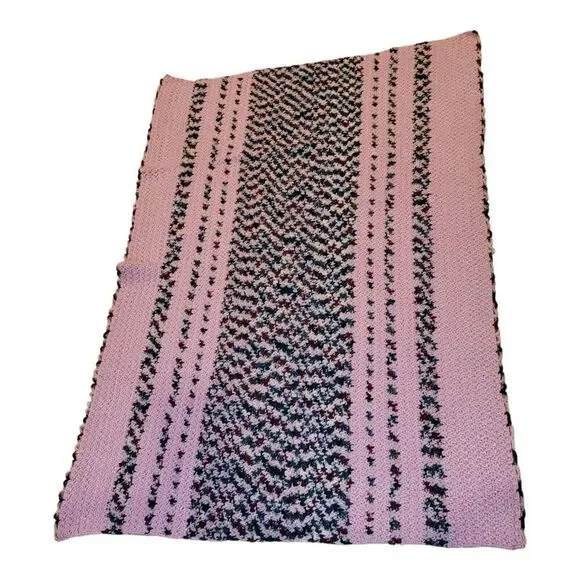 Vintage Handmade Crochet Pink And MultiColor‎ Stiped Afghan Blanket 38x53