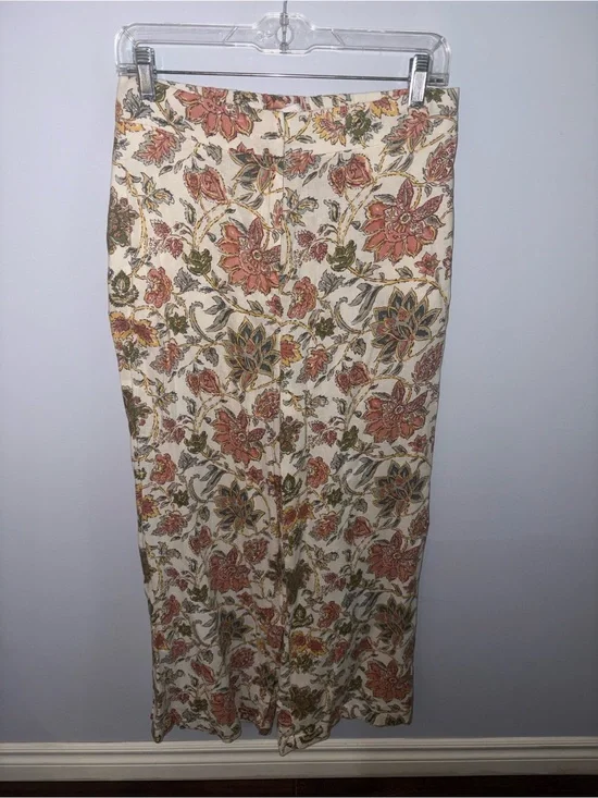 NWT Mango Cream Floral Wide Legged Trousers with Rust and Olive Motif