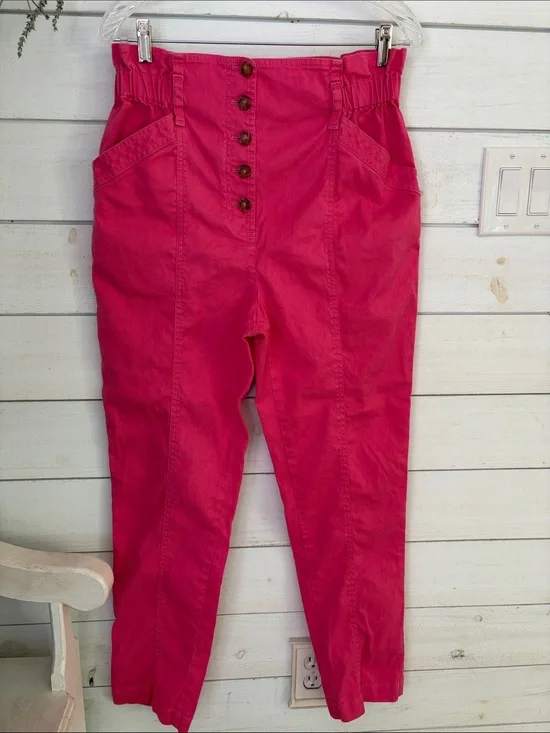 Sézane Arthuro Bright Pink High Waist Button Front Linen Trousers Pants Size 6