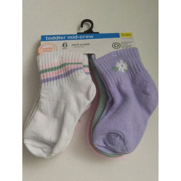 Wonder nation Toddler Girls Multi Color Socks 6 Pairs Ribbed Leg New 18-36M