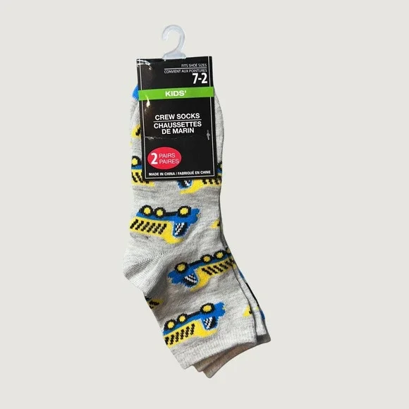 Greenbrier Crew Socks Kids 7-2 Gray Construction Truck Striped 2 Pairs NEW