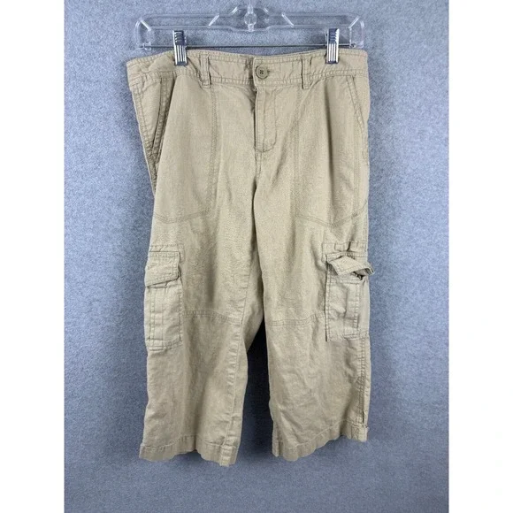 Banana Republic Cropped Cargo Pants Women's 8 Tan‎ Linen Cotton High Rise Casual