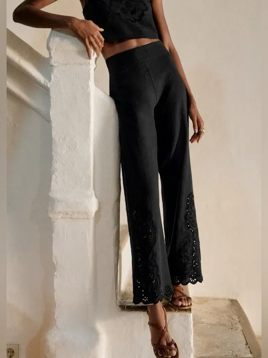 EUC Sézane Fausto Linen Blend Embroidered Trousers in Black size 12