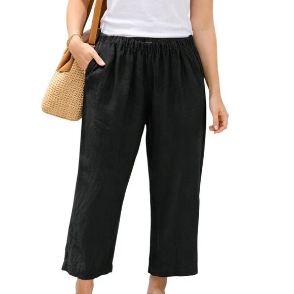 Quince Women's 100% European Linen Elastic Waist Pull On Casual Pants‎ Black XL