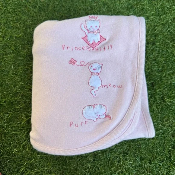 Vintage Gymboree 2002 Pink Princess Kitty Embroidered Cotton Baby Blanket 38x28