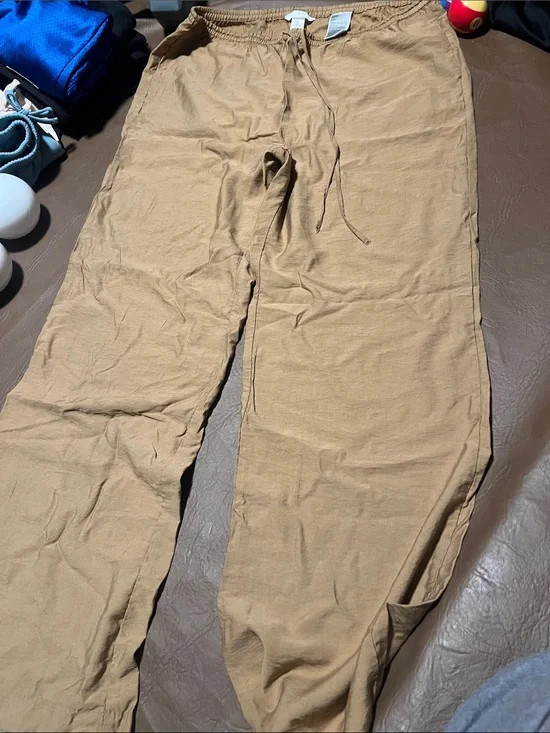 Womens Drawstring Cotton-Linen Blend Pants - Tan