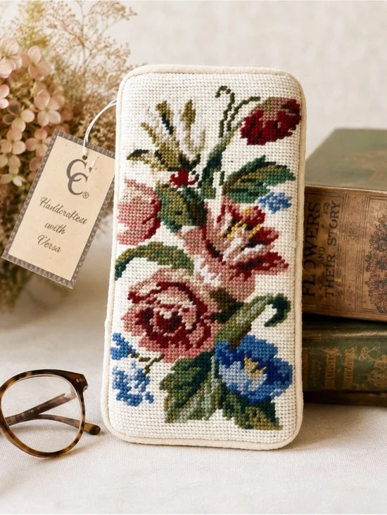 Vintage Handmade Wool Needlepoint Eyeglass Case NWT Floral Velvet Sleeve
