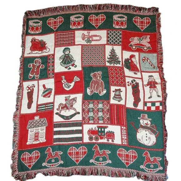 Vintage Christmas Holiday Throw Blanket Santa Snowman Tapestry 59