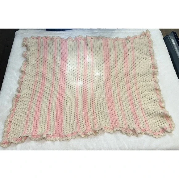 Handmade Crochet Knit Baby Lap Blanket Ivory‎ Pink Cottagecore Granny 41x34