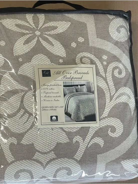 Lamont Home All Over Brocade Bedspread Woven Jacquard Linen Cream Fringed  Queen