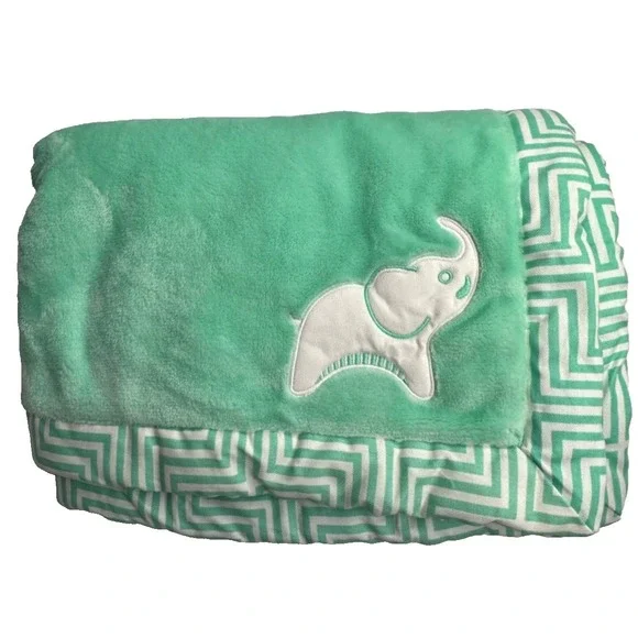 Fisher Price Baby Blanket Elephant Mint Green White Chevron Edge‎ 30x40 Soft