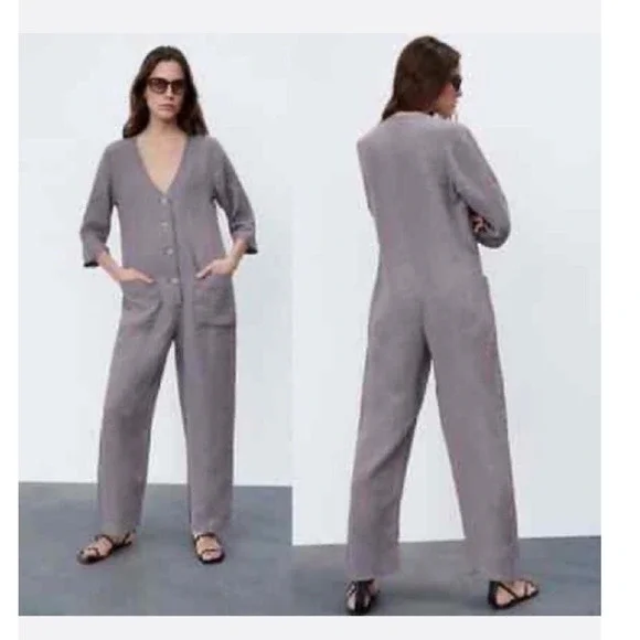 Zara Lilllian Jumpsuit Womens S Gray Linen Blend Button Front Utility Jumpsuit‎