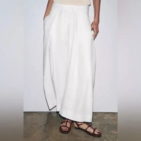 ZARA ZW COLLECTION LINEN VOLUME PLEATED PANTS