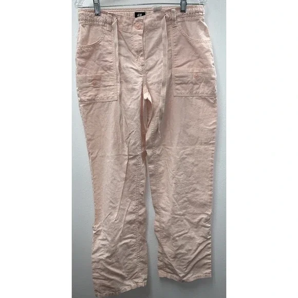 H&M Womens Linen Wide-Leg Pants Size 10 Lt Pink Pockets Cinched Tie Casual Beach