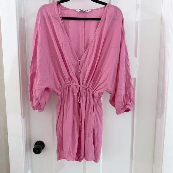 ZARA Pink Linen Blend Slouchy Romper Puff Sleeve Button Front Playsuit M Barbie