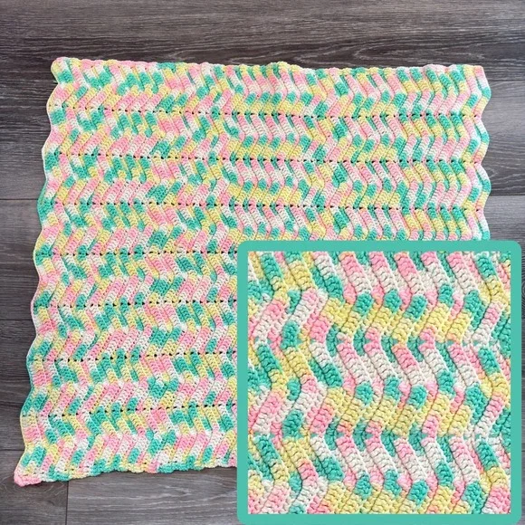 Handmade Crochet Baby Blanket Pastel Pink Yellow Green Chevron Ripple 34x29