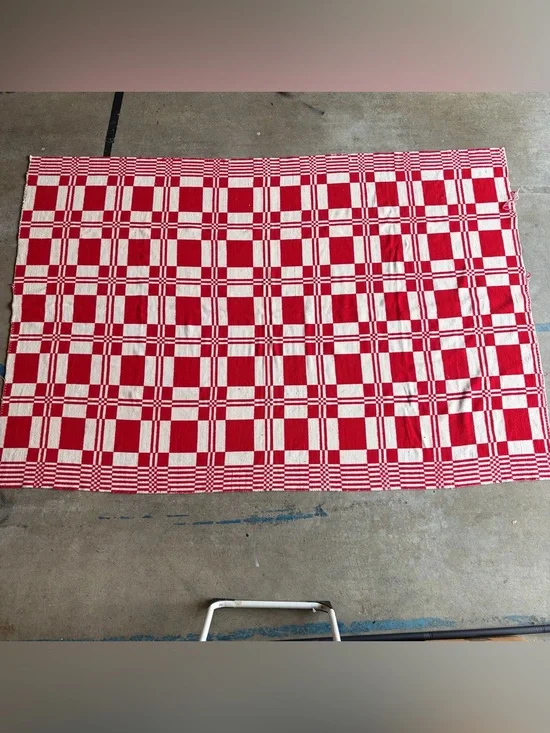 Vintage Swedish Monk’s Belt Red White Woven Throw Blanket Colonial Revival Grid