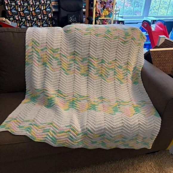Handmade gender neutral colorful chevron knit baby blanket