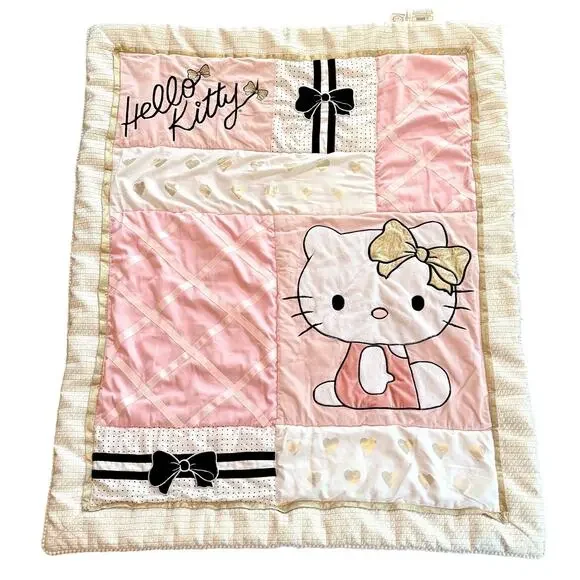 Lambs & Ivy Hello Kitty & Friends Crib Quilt Blanket Pastel Pink Gold 36