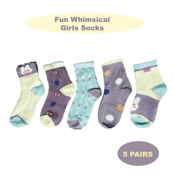 Girls Polychrome Easter Whimsical Bunny Socks 6-8 Durable Casual‎ Pastel 5 Pairs